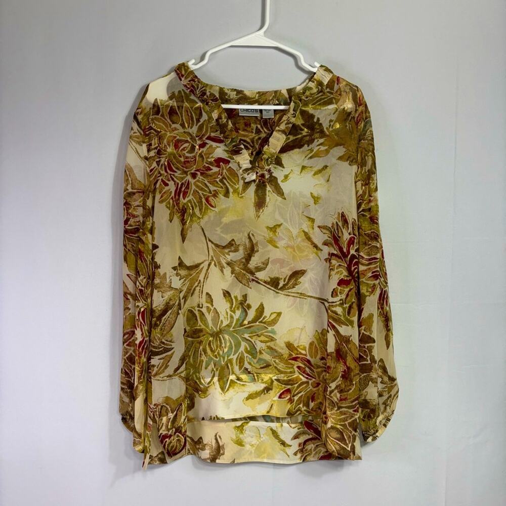 Chico's Cream, Gold & Brown 100% Silk Long Sleeve Shirt Size Medium JJ0685 - Picture 2 of 7
